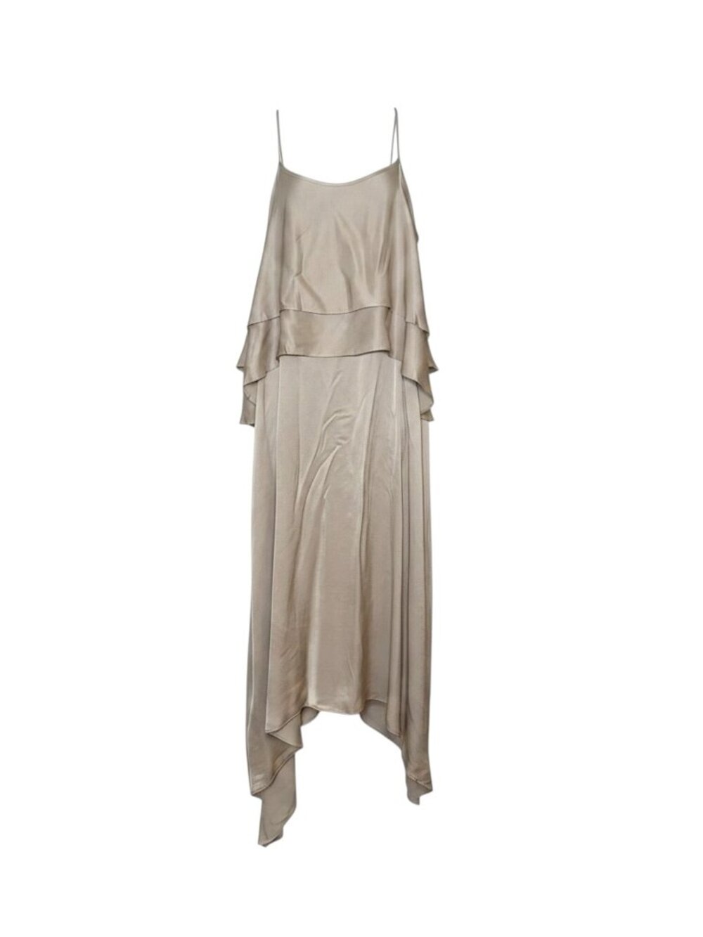 Julia Allert Champagne Satin Layered Asymmetrical Midi Dress NWT Large